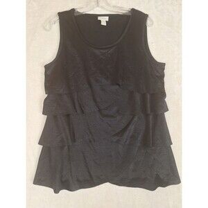 Chicos 1 Black Tiered Ruffle Tank Top Womens M 8 Sleeveless Scoop Neck Satin